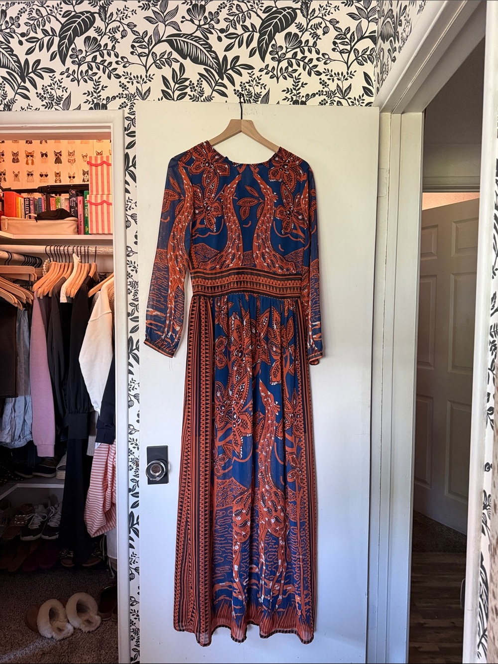 Boho Maxi Dress in Blue and Rust - Long Sleeve Women's Dress